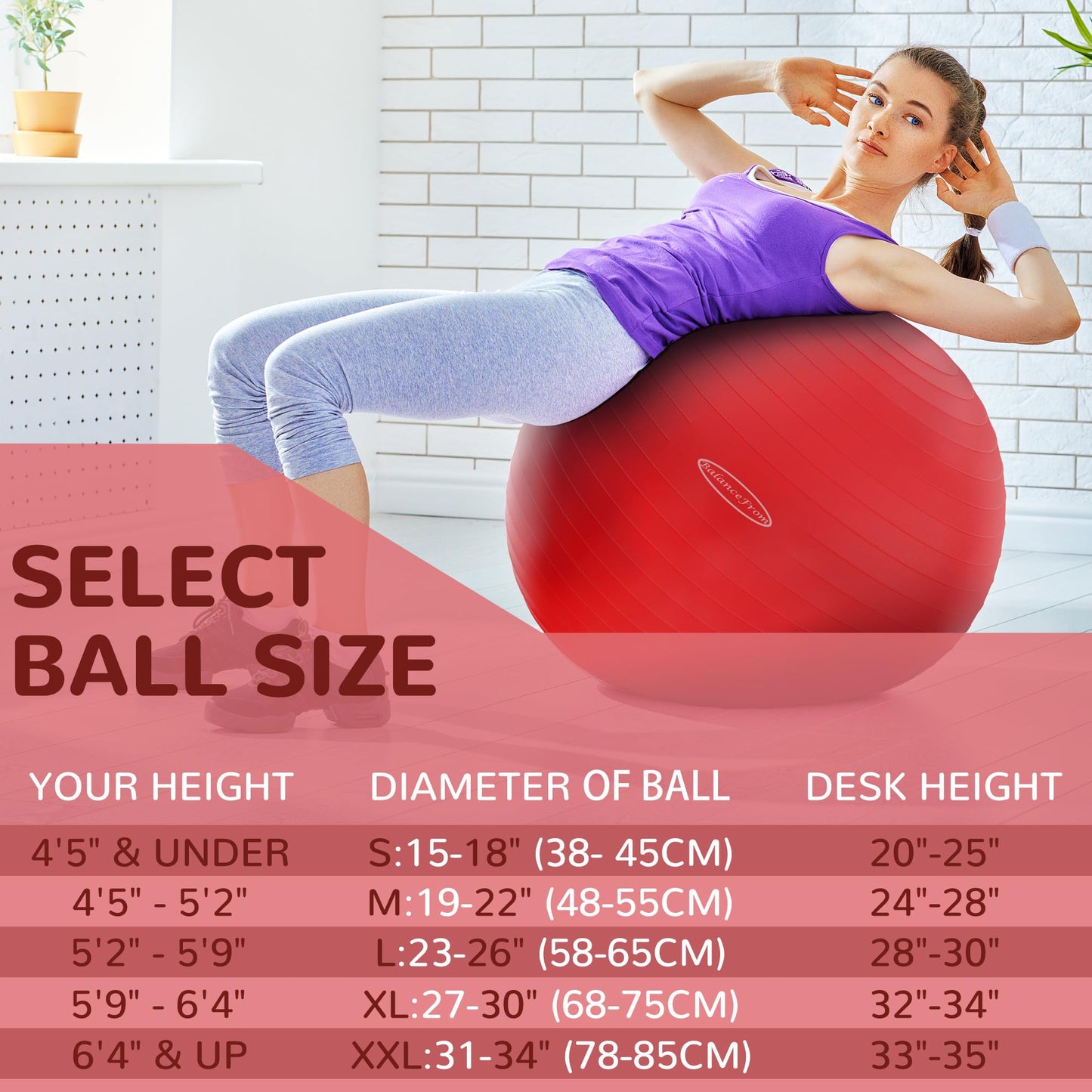 Fitvids Anti-Burst and Slip Resistant Exercise Ball Yoga Ball Fitness Ball Birthing Ball with Quick Pump, 2,000-Pound Capacity, Red, 30-inch, XL