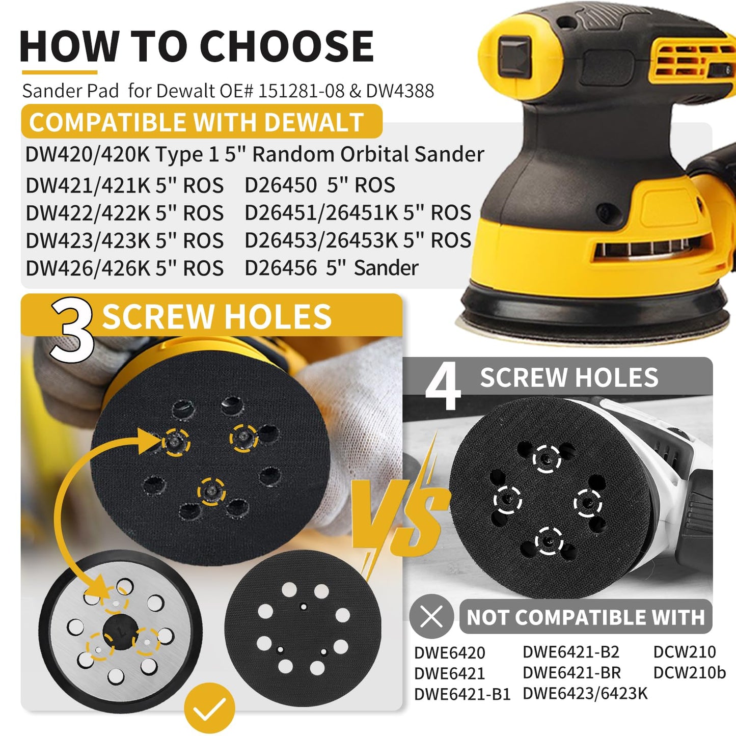 Gnellkoor Replacement Sander Pad for Dewalt, 5" 8-Hole Hook and Loop Orbital Sanding Replacement Pads for DeWalt DW420 DW421 DW422 DW423 DW426 D2645#151281-08/DW4388 (2-Pack)