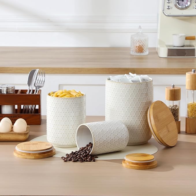 MALACASA Ceramic Canisters Set with Airtight Lids, 80/40/20 oz Coffee Canisters Sets for the Kitchen, Large Jars for Flour, Sugar, Pasta, Coffee, Cookies, Tea - Set of 3, Hexagon