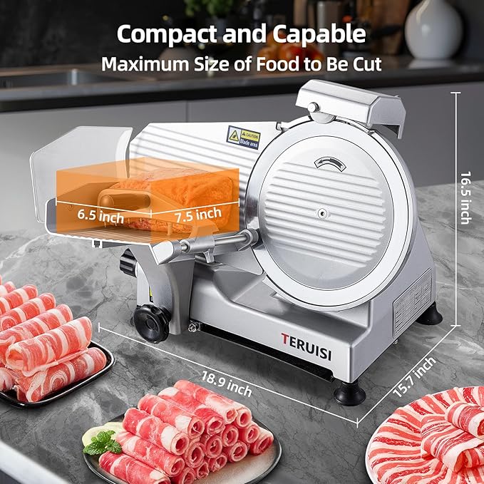 Meat Slicer Machine, 10 inch 240W Commercial Meat Slicer, Frozen Meat Cheese Deli Slicer with 0-13mm Adjustable Thickness, Chromium Plated Semi-Auto Food Slicer for Commercial & Home