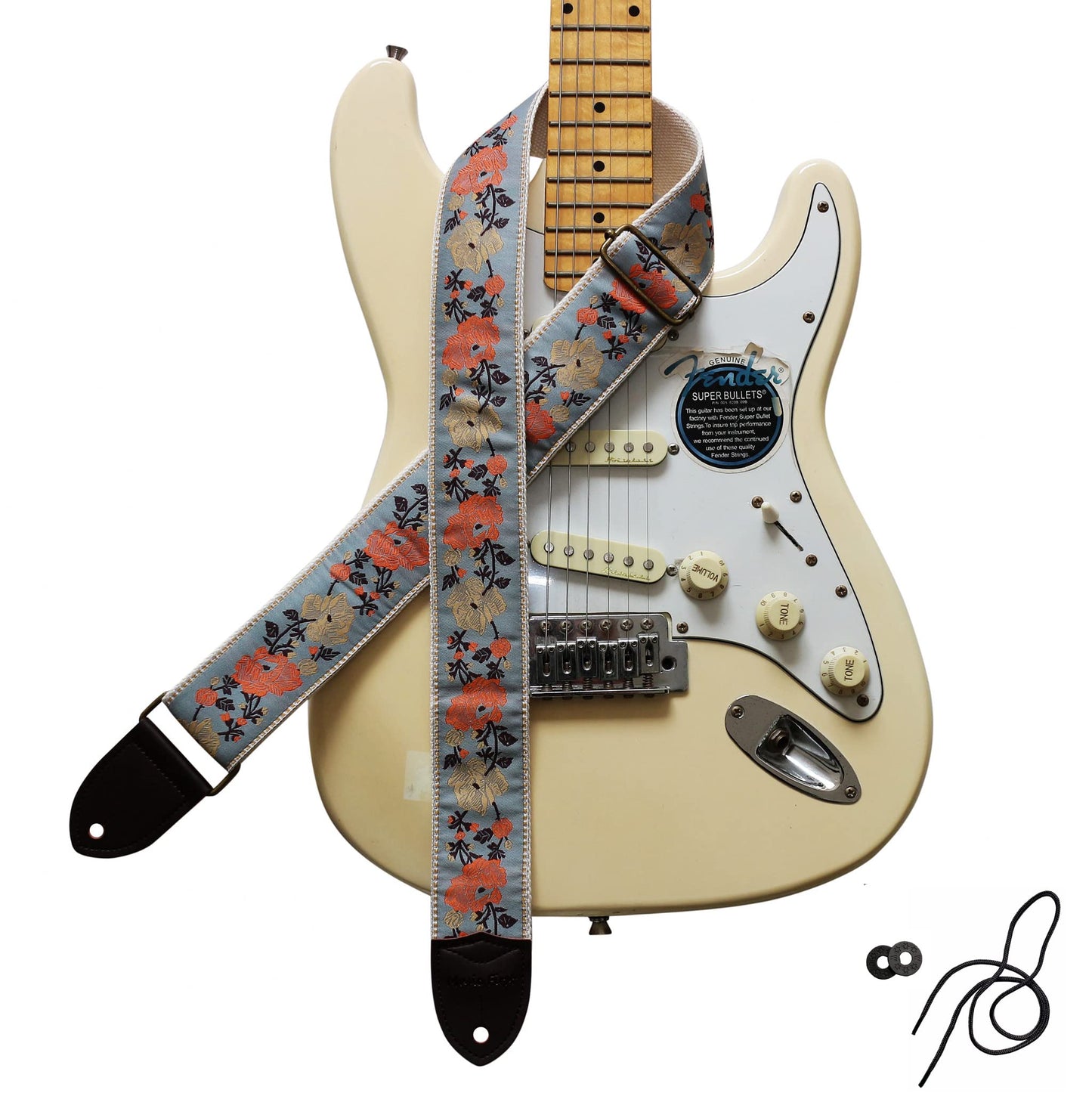 MUSIC FIRST Original Design, 2 inch width (5cm), High End Embroidery Grey Rose Electric Guitar Strap Bass Strap (Grey Rose)