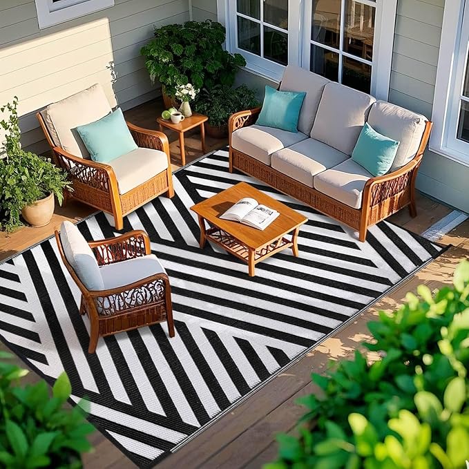 Outdoor Patio Plastic Straw Rug - 6'x9' Outdoor Camping Rug Waterproof Reversible, Area Carpet Patios Clearance RV, Outside Porch Balcony Deck for Camper, White & Black