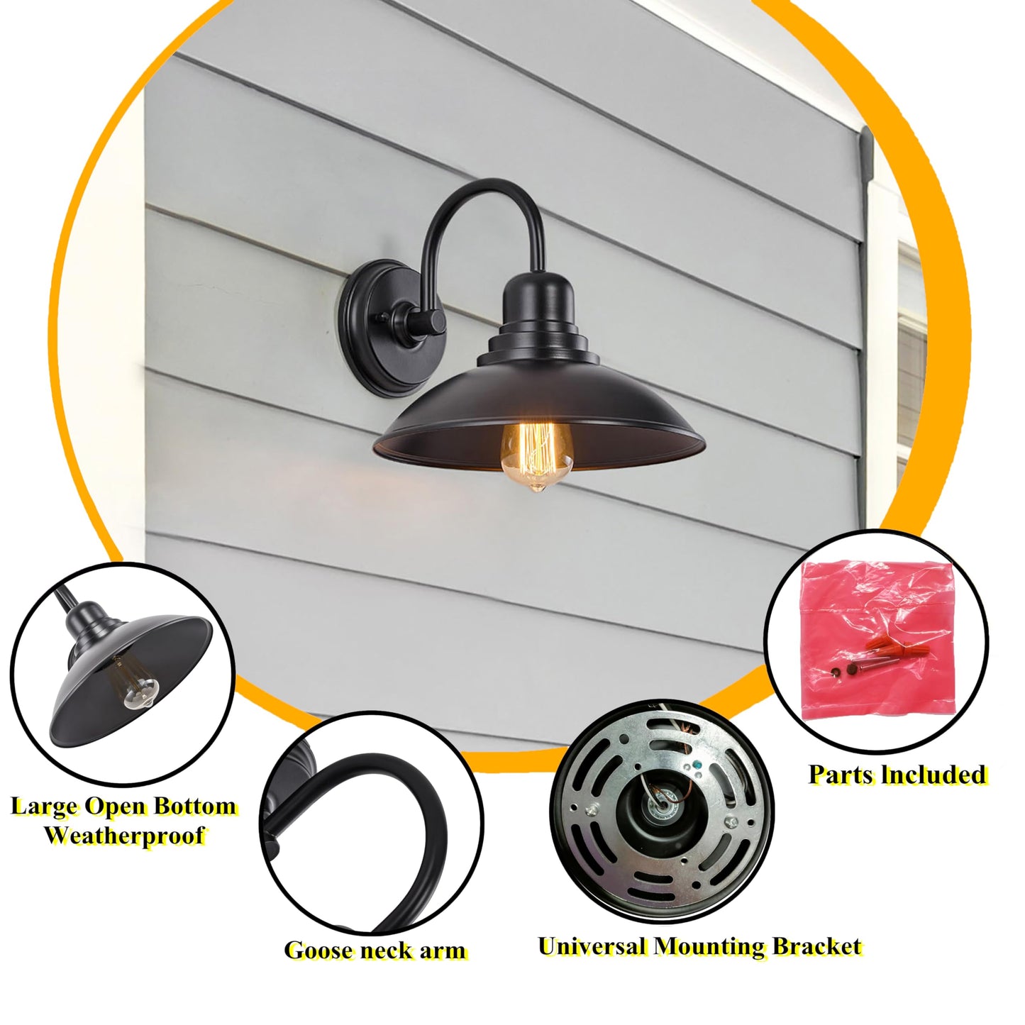 Flalinko Black Gooseneck Barn Light Indoor Farmhouse Vanity Lighting Fixtures With E26 Based Socket Round Exterior Wall Sconce For House Bedroom Garage Bathroom