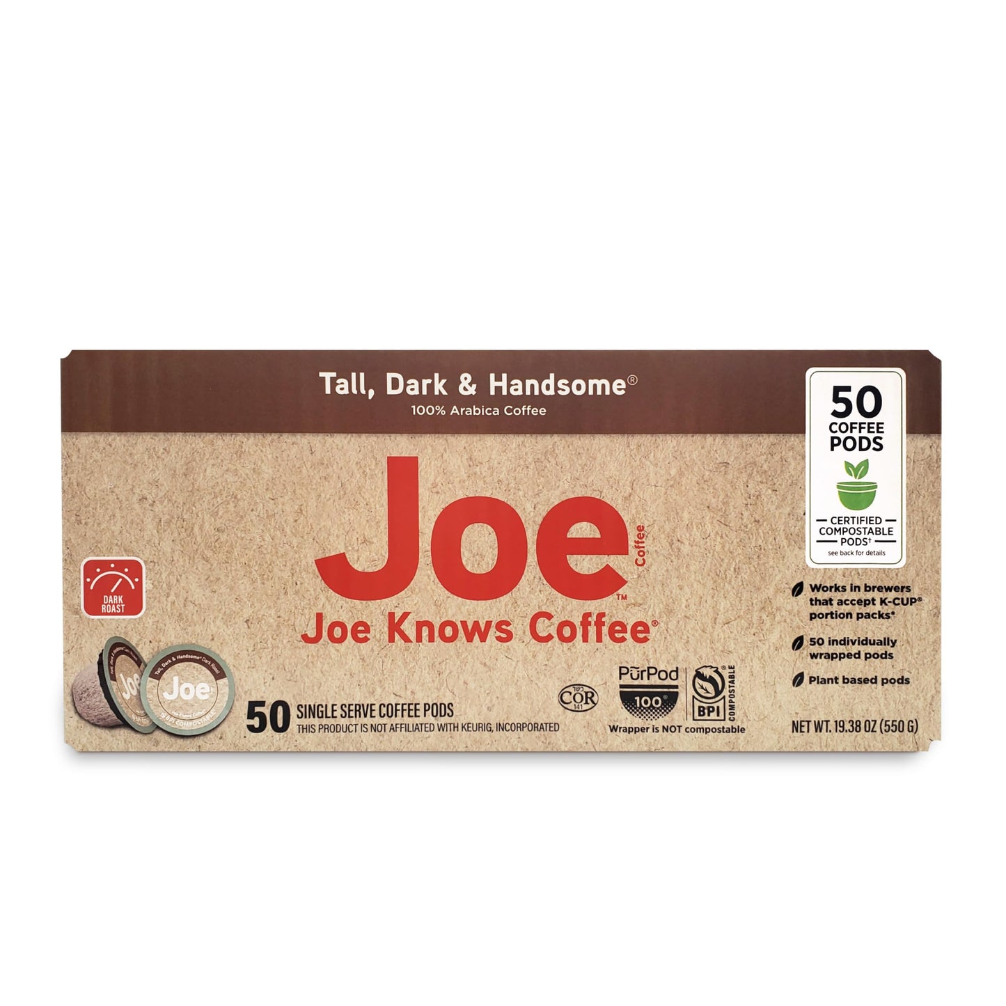 Joe Knows Coffee Single Serve Coffee Tall Dark and Handsome 50 Count BPI certified compostable pods