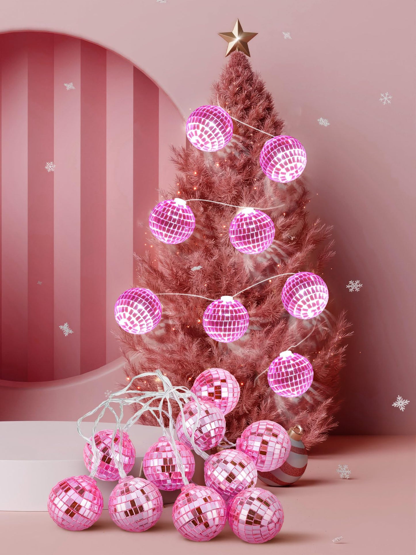 Bbto Led Disco Ball String Light Battery Powered Mirror Balls Ornaments For Outside Backyard Porch 70S 80S Disco Party Supplies(1.57 Inch Rose Pink)