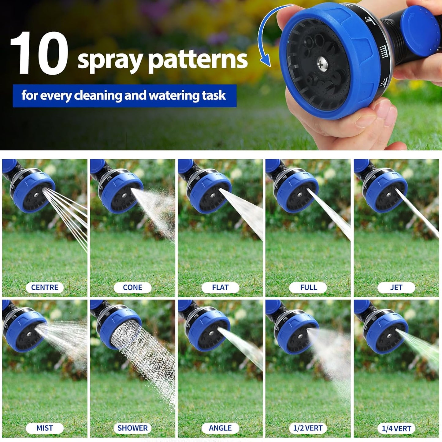 Telescoping Watering Wand for Garden Hose, 36”-54” Adjustable, 10 Spray Patterns, Heavy-Duty Hose Nozzle with Thumb Control & Pivoting Head, Ideal for Hanging Baskets and Shrubs, Blue