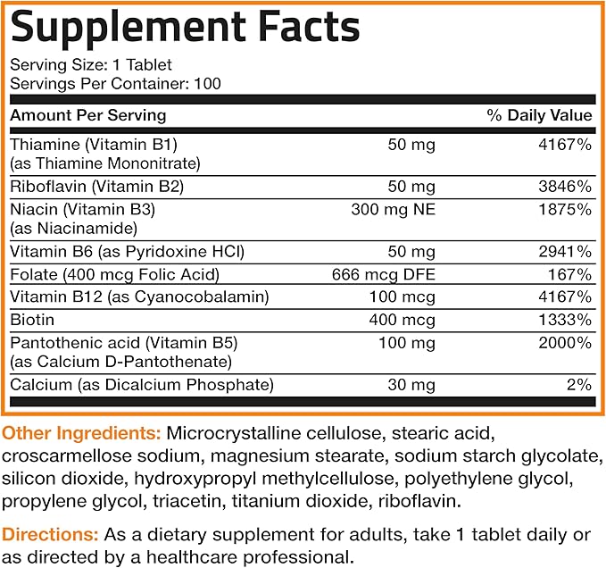 Bronson Vitamin B Complex (Vitamin B1, B2, B3, B6, B9 - Folic Acid, B12), 100 Tablets