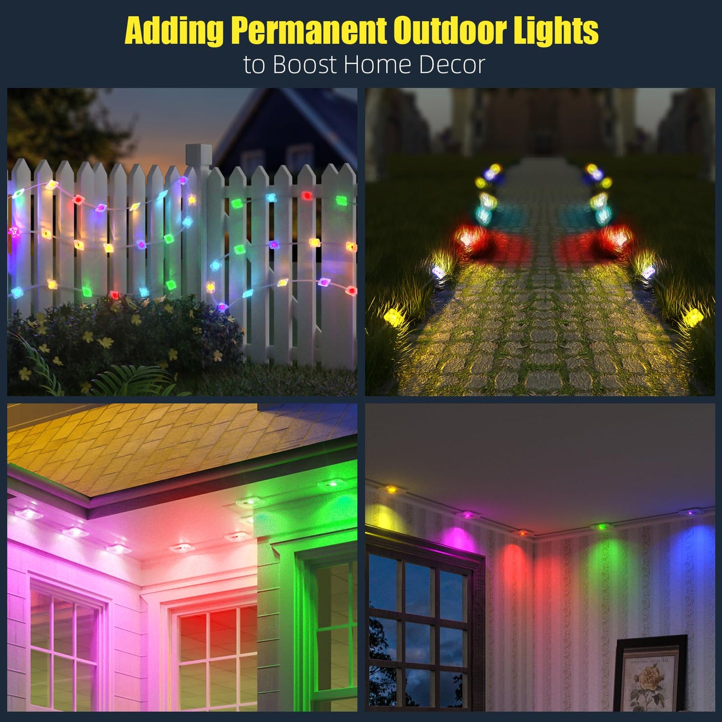 Yolsunes Permanent Outdoor Lights For House 300Ft Rgb+Ic Smart Led Eaves Lights Ip67 Waterproof Outdoor Lighting With App/Remote Control For Christmas Halloween Holiday Daily Party