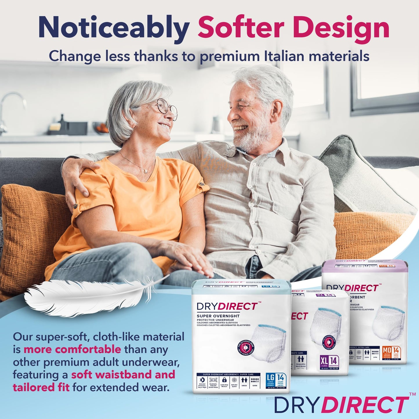 Dry Direct Super Overnight Underwear, Soft Cloth-Like Adult Diapers, Overnight Disposable Incontinence Protection - Large (Case of 56)