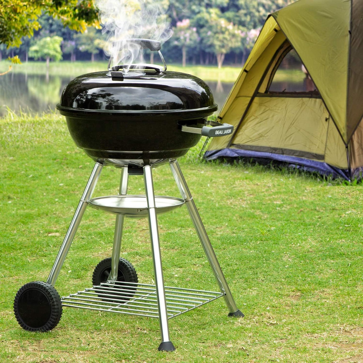 BEAU JARDIN Charcoal Grill 18 Inch for Outdoor Cooking BBQ Barbecue Coal Kettle Bowl Grill Portable Heavy Duty Round with Wheels Grilling for Tailgating Patio Backyard Camping Black BG4691