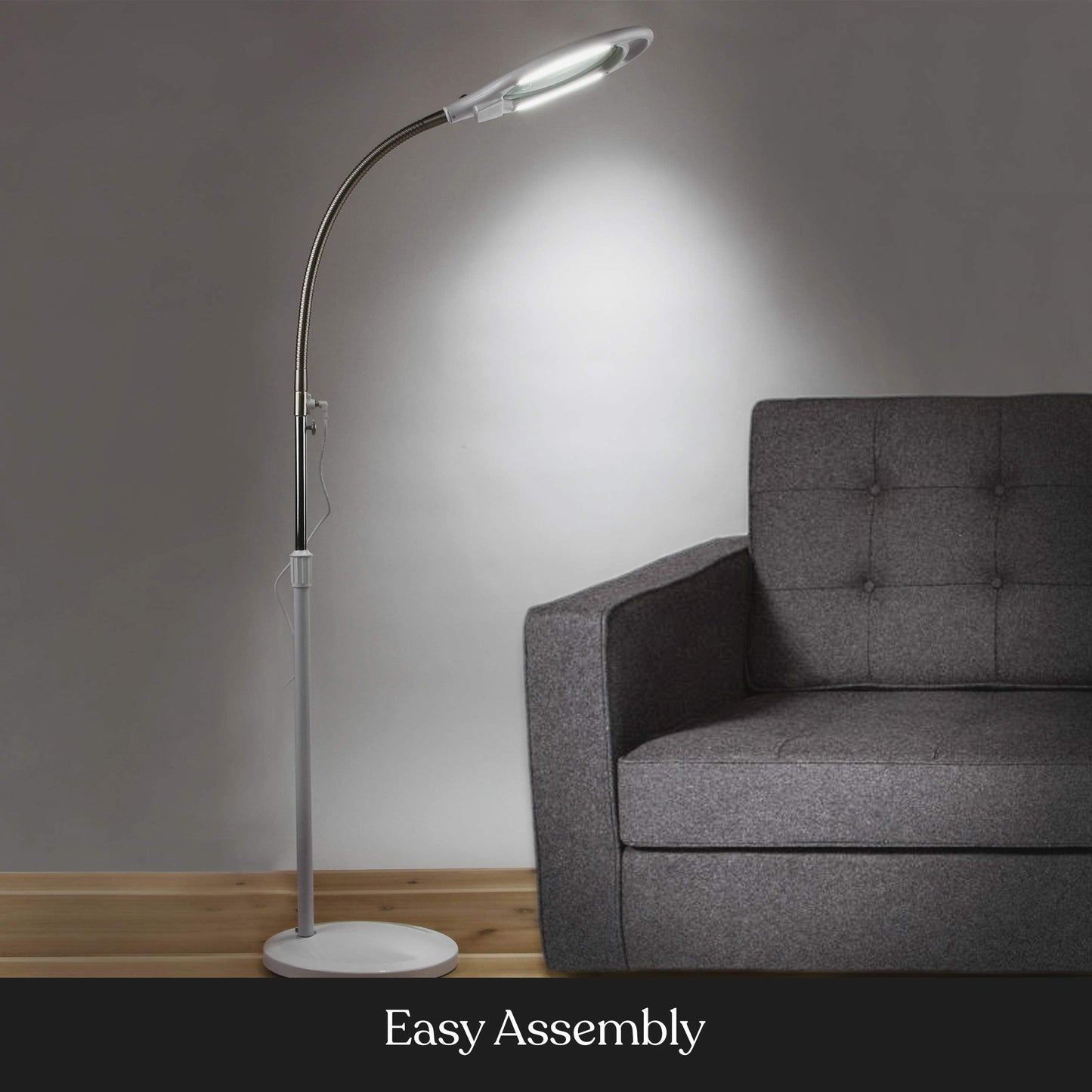 Brightech LightView Pro Magnifying Glass Floor Lamp, 5 Diopter (2.25x), White, with LED Light and Sturdy Base