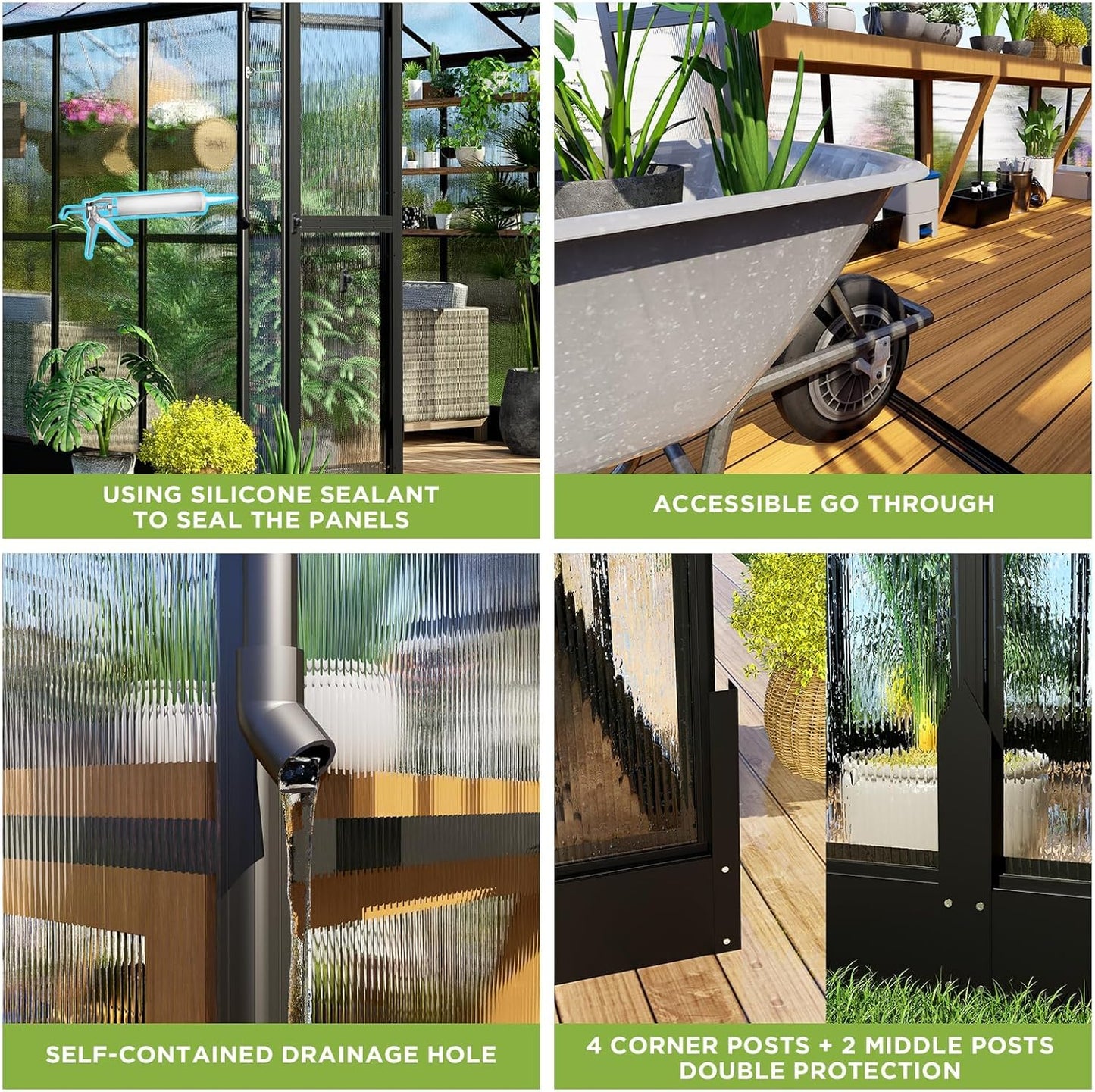 HOWE 8x16x7.5 FT Polycarbonate Greenhouse with Swing Doors, 4 Vents, 5.2FT Added Wall Height, Walk-in Large Aluminum Greenhouse for Outdoors, Black