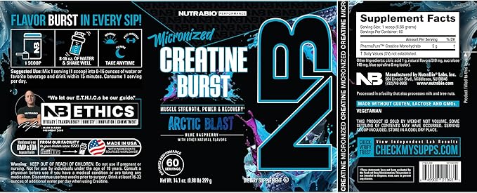 NutraBio Pure Micronized Creatine Monohydrate Powder Supplement, Arctic Blast, (300 g) - Supports Bulk Muscle Energy, Recovery, and Strength - HPLC Tested Creatine Powder Supplement for Men and Women