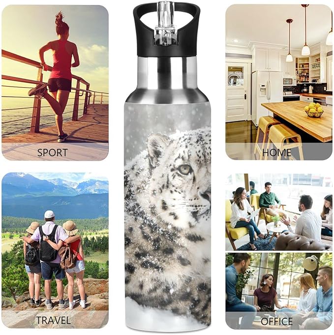 senya 34 Oz Water Bottle with Straw Snow Leopard Stainless Steel Water Bottle for Traveling Sports Leakproof Insulated Water Bottle