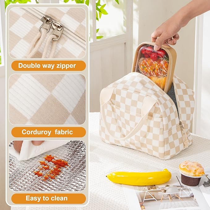 Lunch Bag for Women Checkered Insulated Lunch Box Reusable Cooler Bag Portable Cute Corduroy Leakproof Tote Bags for Travel, Work, and Picnic