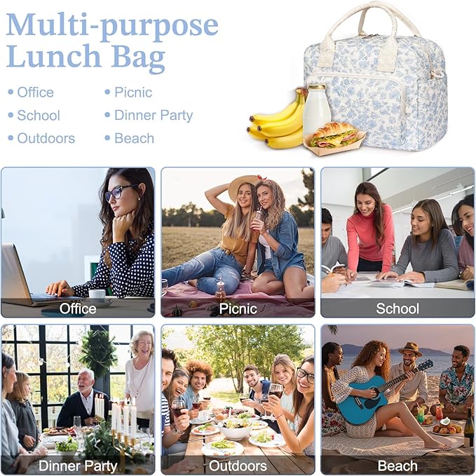 Quilted Lunch Box for Women,Large Blue Floral Insulated Lunch Bag for Adult,Cute Lunch Tote Bags for Work Picnic Travel (Blue Floral,M)