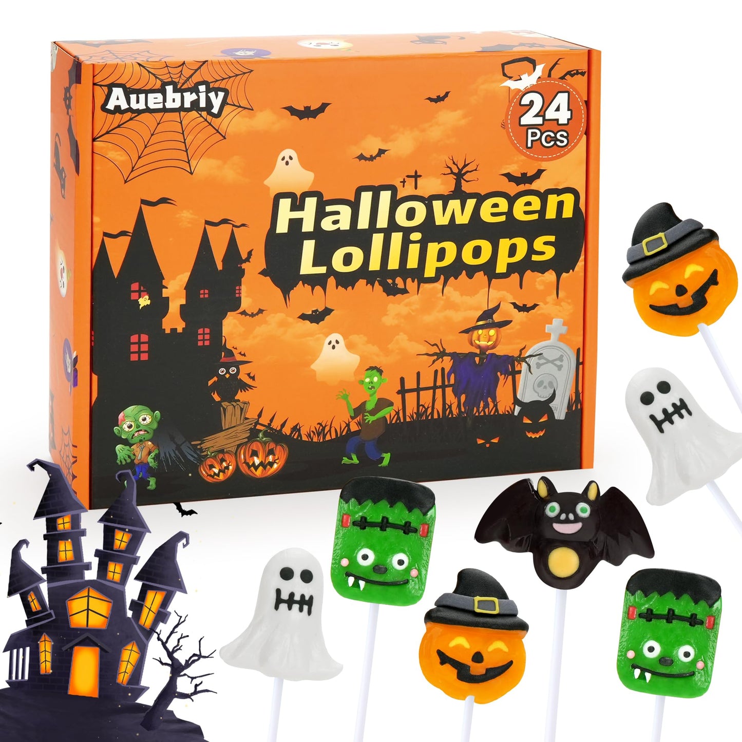 Auebriy Halloween Lollipops Suckers - 24 Pack Fruity Halloween Candy Individually Wrapped Ghost Bat Pumpkin & Monster Lollipops Spooky Candy for Trick or Treat Party Favors & Goody Bag Fillers