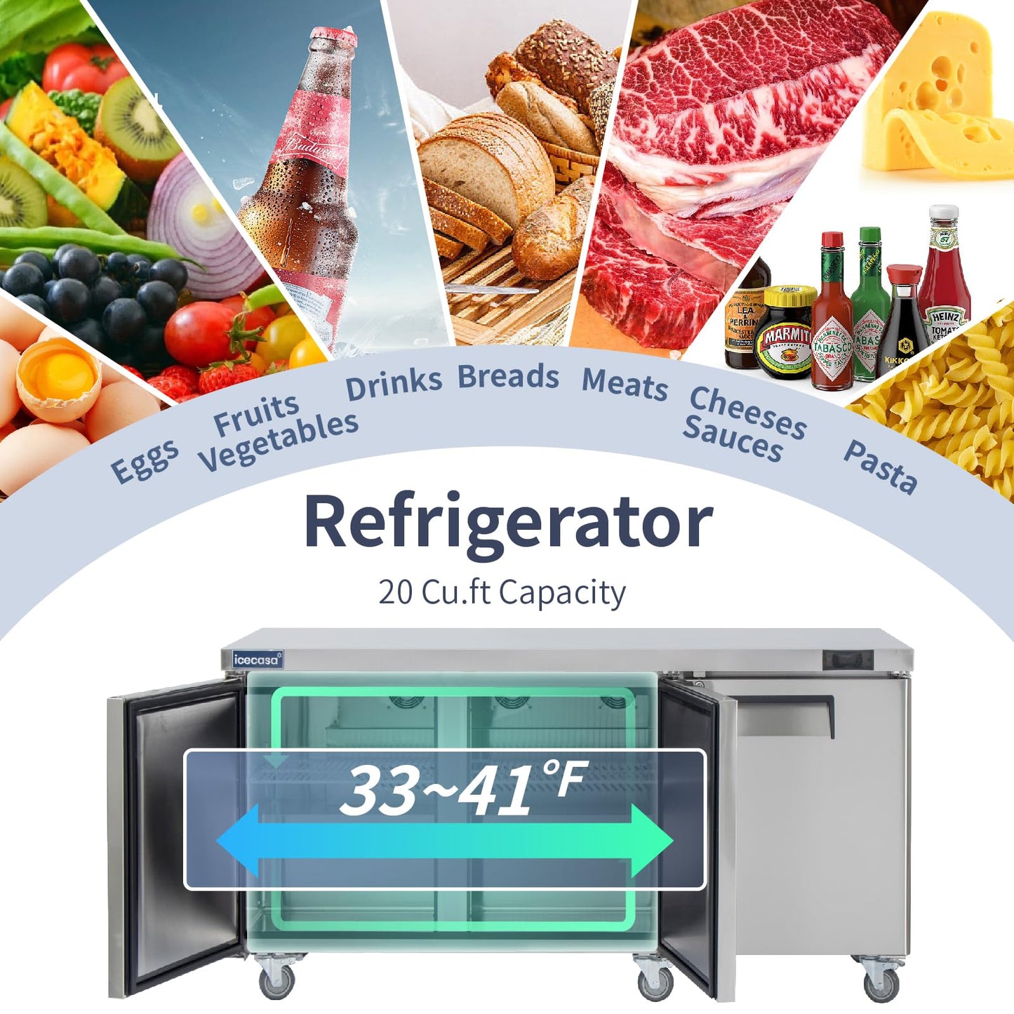 ICECASA 72" W Commercial Refrigerator Worktop Undercounter Refrigerator Three Door Stainless Steel Counter Fan Cooling Refrigerator 20 Cu.ft for Restaurant, Bar, Shop, etc