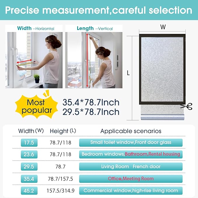 Coavas Window Privacy Film Frosted Glass Static Clings, Decorative Bathroom Door Privacy Film Day and Night, Heat UV Blocking Anti-Glare Frosting Stickers Renter Non-Adhesive, 23.6x118.1 Inch, Silver