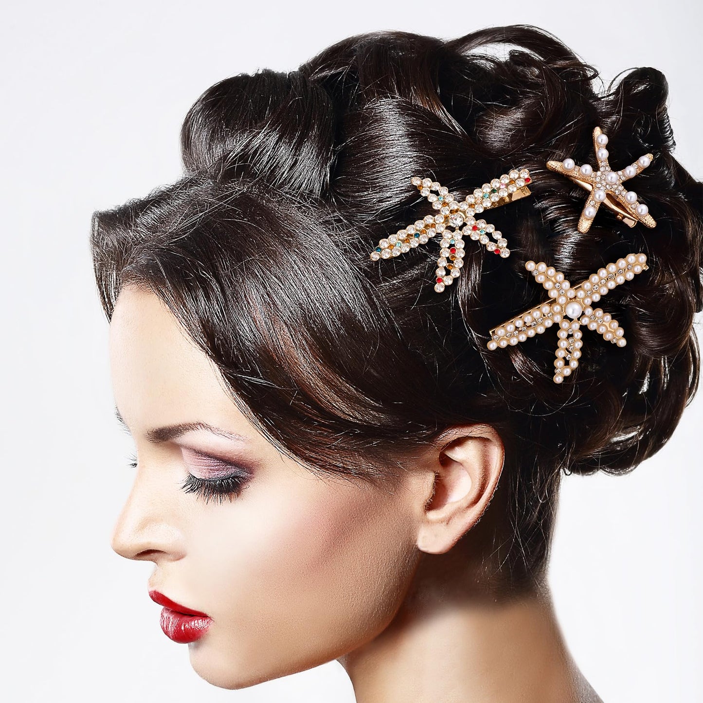 PAGOW 3 PCS Starfish Hair Clips, Gold Pearls Colorful Rhinestone Hair Clips, Crystal Sea Star Ponytail Holder, Faux Pearl Crysta