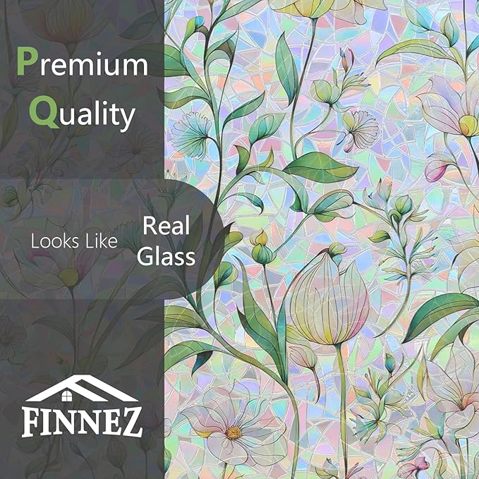 FINNEZ Window Privacy Film Stain Glass Film Flowers Rainbow Window Film Window Clings Non-Adhesive Reusable Decorative for Home(Forest Rainbow,17.5 Inch x 6.5 Feet)