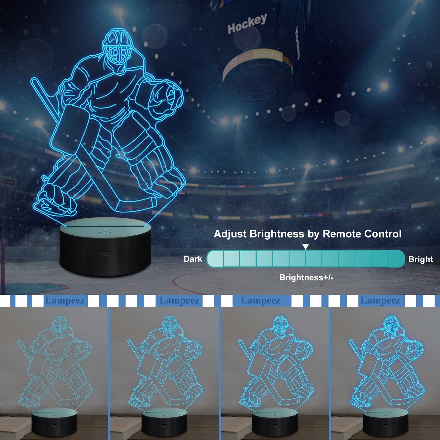Lampeez 3D Ice Hockey Player Night Light - Multicolored Acrylic With Remote Control, Model Fs-2810-9999, Perfect Gift For Kids