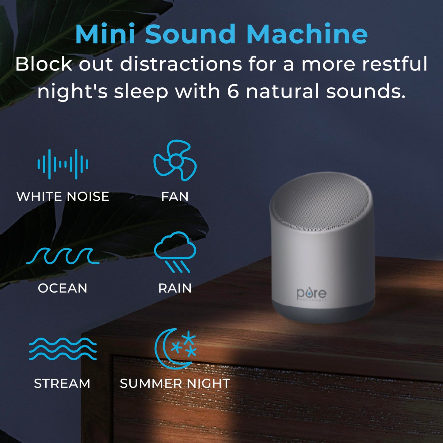 Pure Enrichment Wave Mini Travel Sound Machine - 6 Soothing Sounds Including White Noise, Seamless Loop Audio, Rechargeable Battery, 48 Hour Run Time, Optional Timer, and Storage Bag