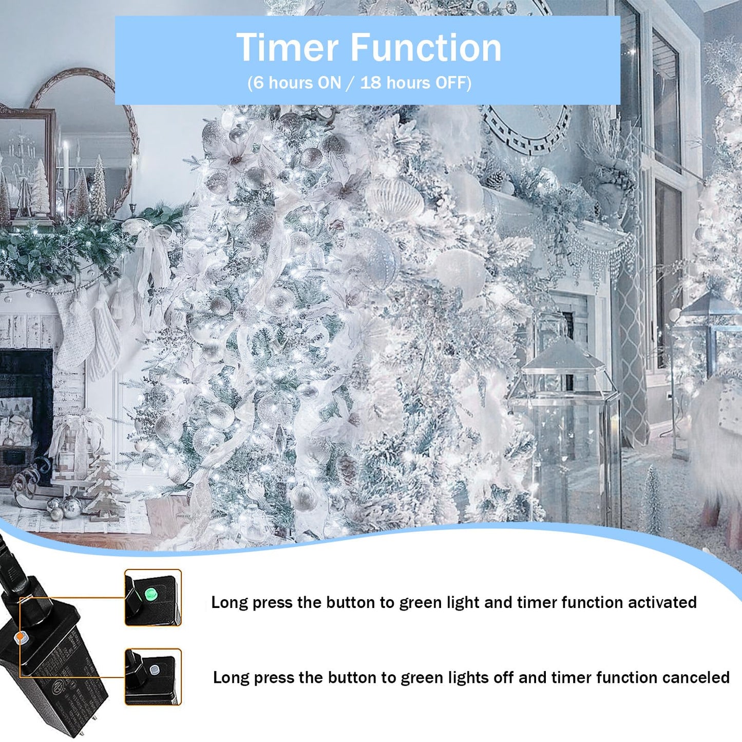 YIQU 800 LED Christmas String Lights, Green Wire, Waterproof, Memory Function Timer, 8 Modes, Cool White, Model MLS-D29V6WUC-O