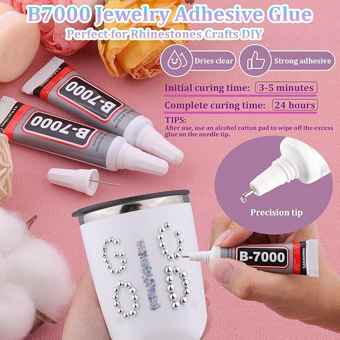 Nail Art Flat Back Half Round Pearl Kits, Mixed Sizes 6000 Pcs with B7000 Jewelry Glue Silver Small Pearls for Nails with Picking Tools for Graduation Cap Decorations Home DIY Body Face Craft Use