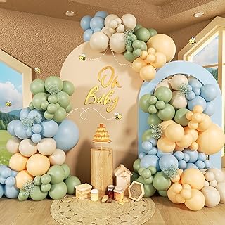 156pcs Blue and Yellow Balloon Arch Kit, Pastel Balloons with Blue Yellow Sage Green Sand White Balloons for Classic Bear ...