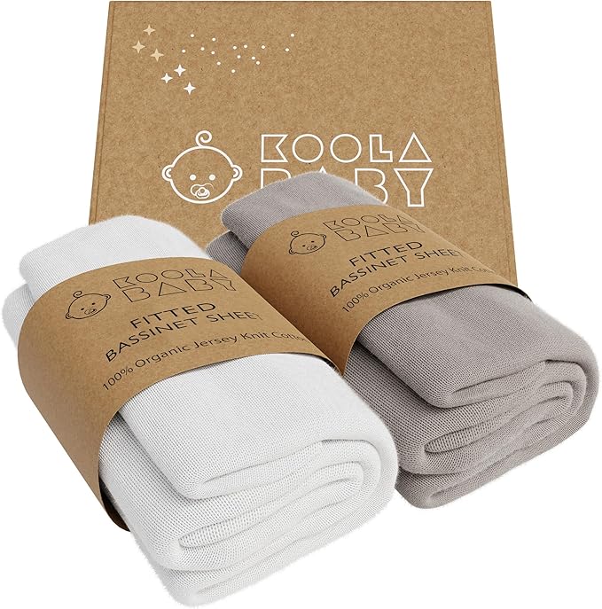 Bassinet Fitted Sheets - Compatible with Graco Travel Lite Crib, Sense2Snooze, My View 4 in 1, Dream Suite and Guava Bassinet | 100% Organic Jersey Cotton - White + Grey | 30x20 (2 Pack)