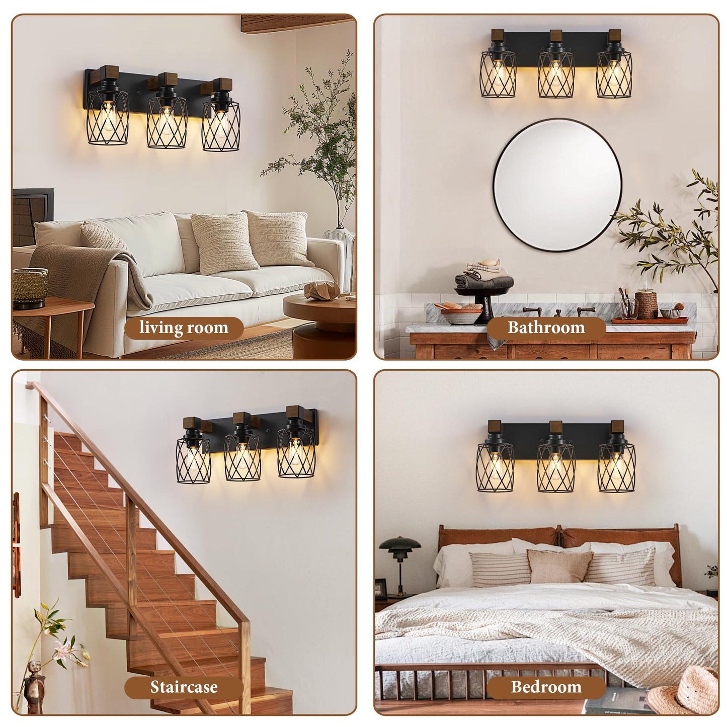 Xvmbvm Farmhouse Bathroom Vanity Light 3-Light Wood Bathroom Light Fixtures Over Mirror Black Industrial Vanity Lights With Metal Shade Rustic Bathrooms Lighting For Living Room Bedroom Hallway