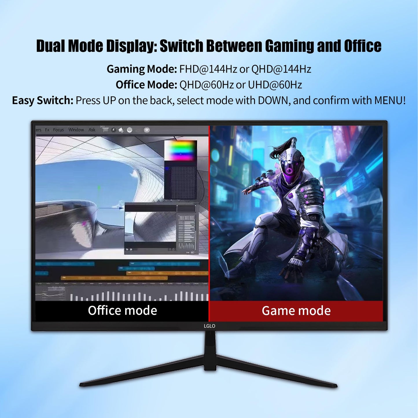 LGLO 27 Inch 4K UHD (3840x2160) Monitor, Dual Mode 4K@60Hz/2K@144Hz, IPS Panel, Borderless Design, HDR400, 99% sRGB, Work & Gaming Monitor for Designers, Office, and PC Gaming with HDMI Display Port