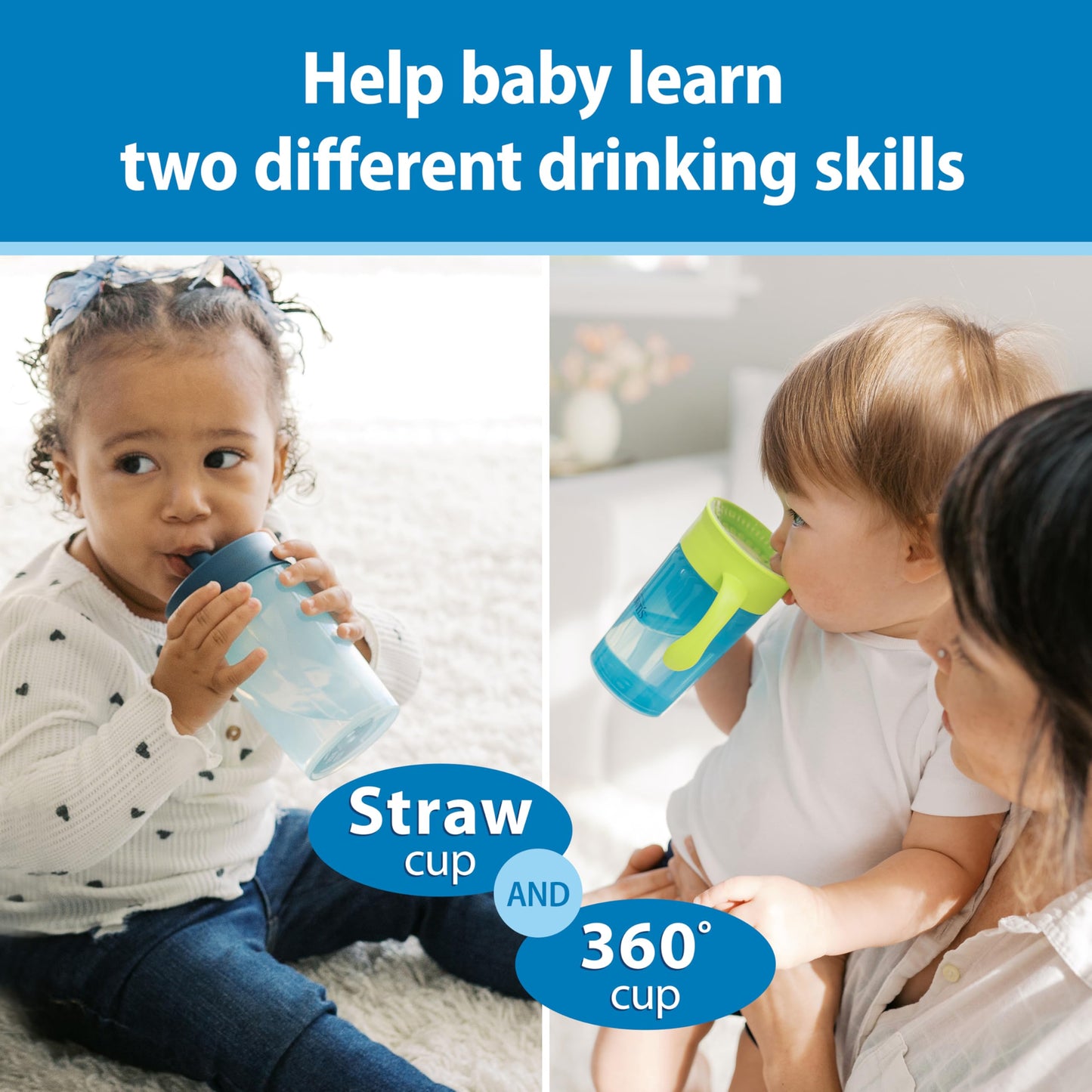 Dr. Brown's Milestones Straw to 360° Cup Set, Convertible Toddler Training Cup Set with Interchangeable Silicone Straw and 360 Degree Cup Lids, Blue Green, 10 oz/300 mL, BPA Free, 9m+, 2 Pack