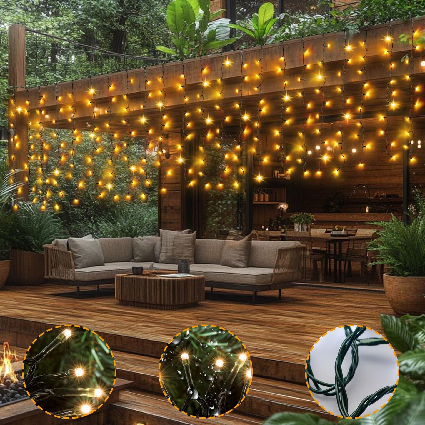 DBFAIRY Solar Curtain Lights 200 LED Waterproof 13ft x 3.3ft Warm White Green Wire Model 4X1-01WW for Outdoor Decoration