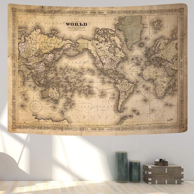GOAOK Retro Old World Map, Vintage Map Asian Northern European Topography Earth Educational Tapestry for Classroom, Brown Adventure Travel World Map Office Wall Art 40"X30