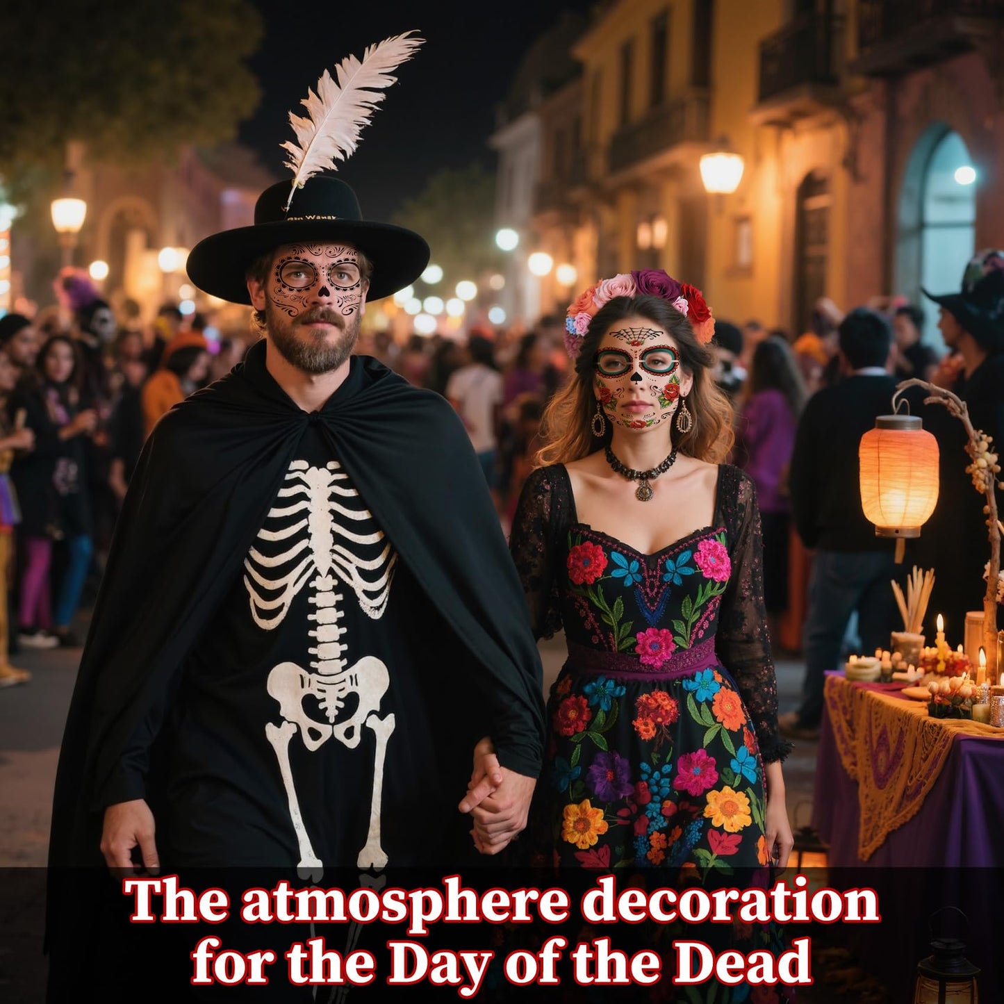 4 Kits Day of the Dead Sugar Skull Temporary Face Tattoos Makeup Costumes for Women and Men, DIY Skeleton Face Tattoos with 1 Ro
