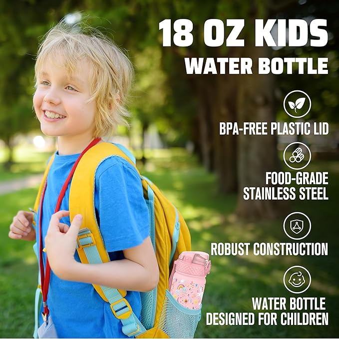 Kids Water Bottle, GOPPUS 18 oz Insulated Water Bottle with Straw, Double Vacuum Leakproof, BPA Free, for Boys and Girls,Pink Unicorn