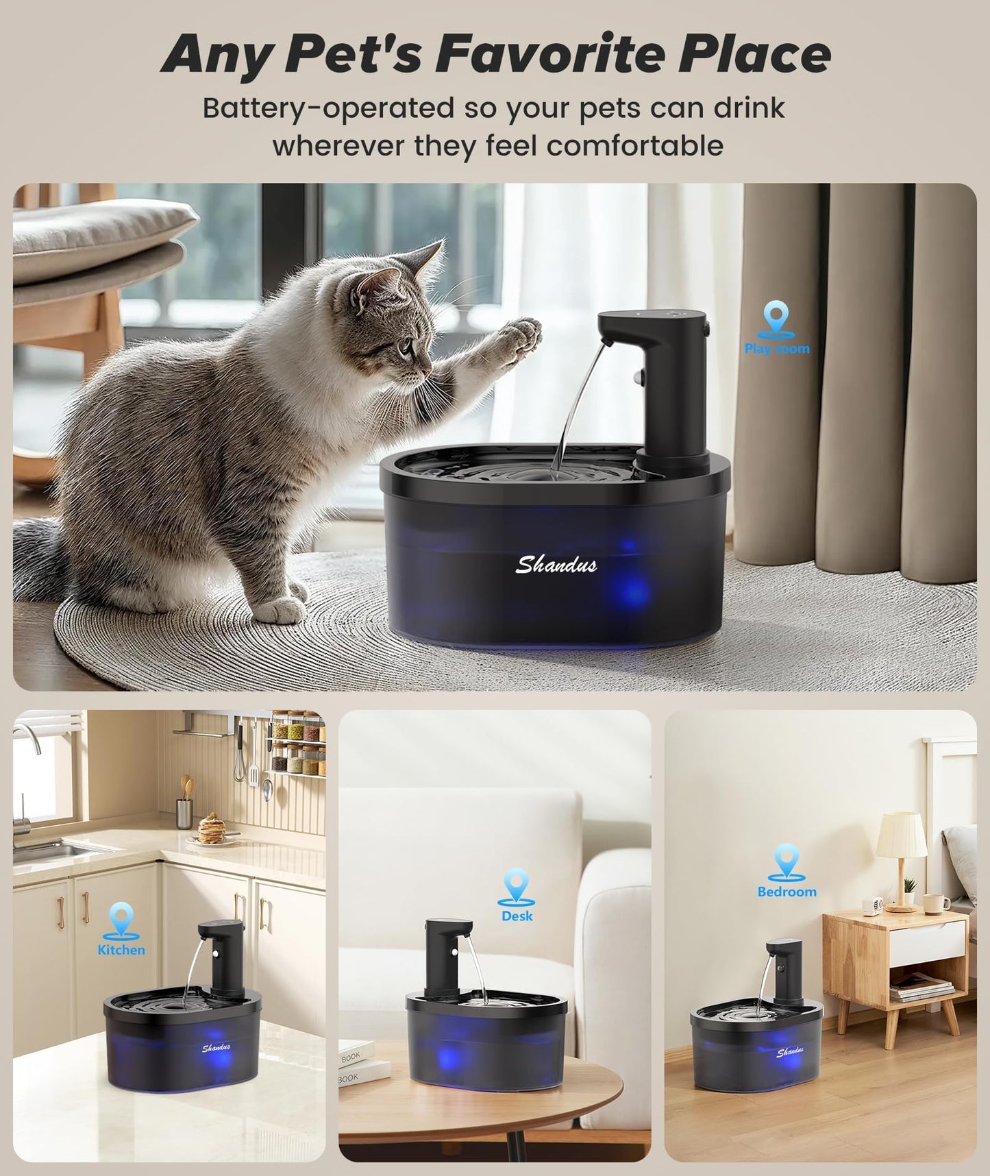 Wireless Cat Water Fountain Cordless, Automatic Pet Water Fountain 5000mAh Battery, 101oz/3L Large Cat Fountains for Drinking Ultra Silent Rechargeable Water Fountains for Cats and Dogs