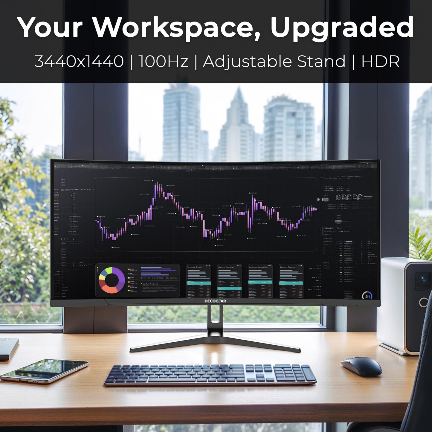 Deco Gear 34” Curved Ultrawide Business Monitor | 3440x1440, 100Hz, 1500R, 99% sRGB | Adjustable Stand, 2 HDMI and 2 DisplayPort | HDR, Low Blue Light, PIP/PBP