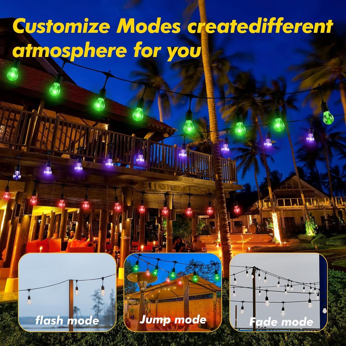IPStank 144FT Solar Outdoor String Lights, 45 Shatterproof E26 LED Bulbs, IP65 Waterproof, RGB Color Changing, Dimmable, Model YGM-S14-15
