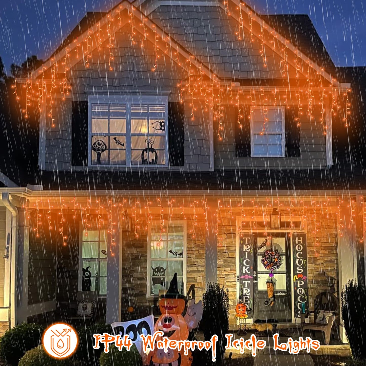 YEGUO 66ft 800 LED Outdoor Icicle Lights, Waterproof, 8 Modes, Orange, Plug-in