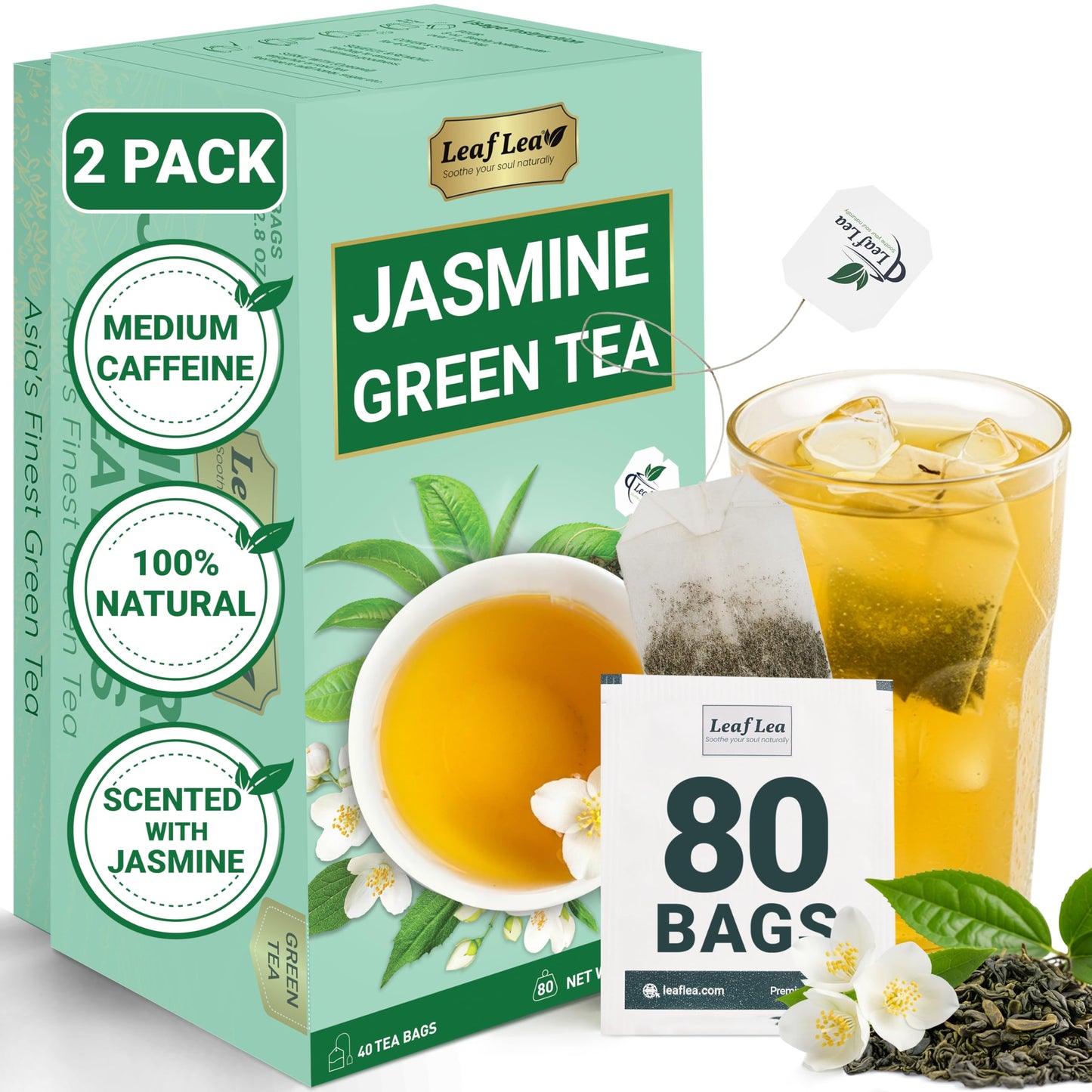 LeafLea 80 Jasmine Green Tea Bags, Green Tea with Natural Jasmine Aroma, Light Focus & Daily Balance, Delicate Floral and Smooth