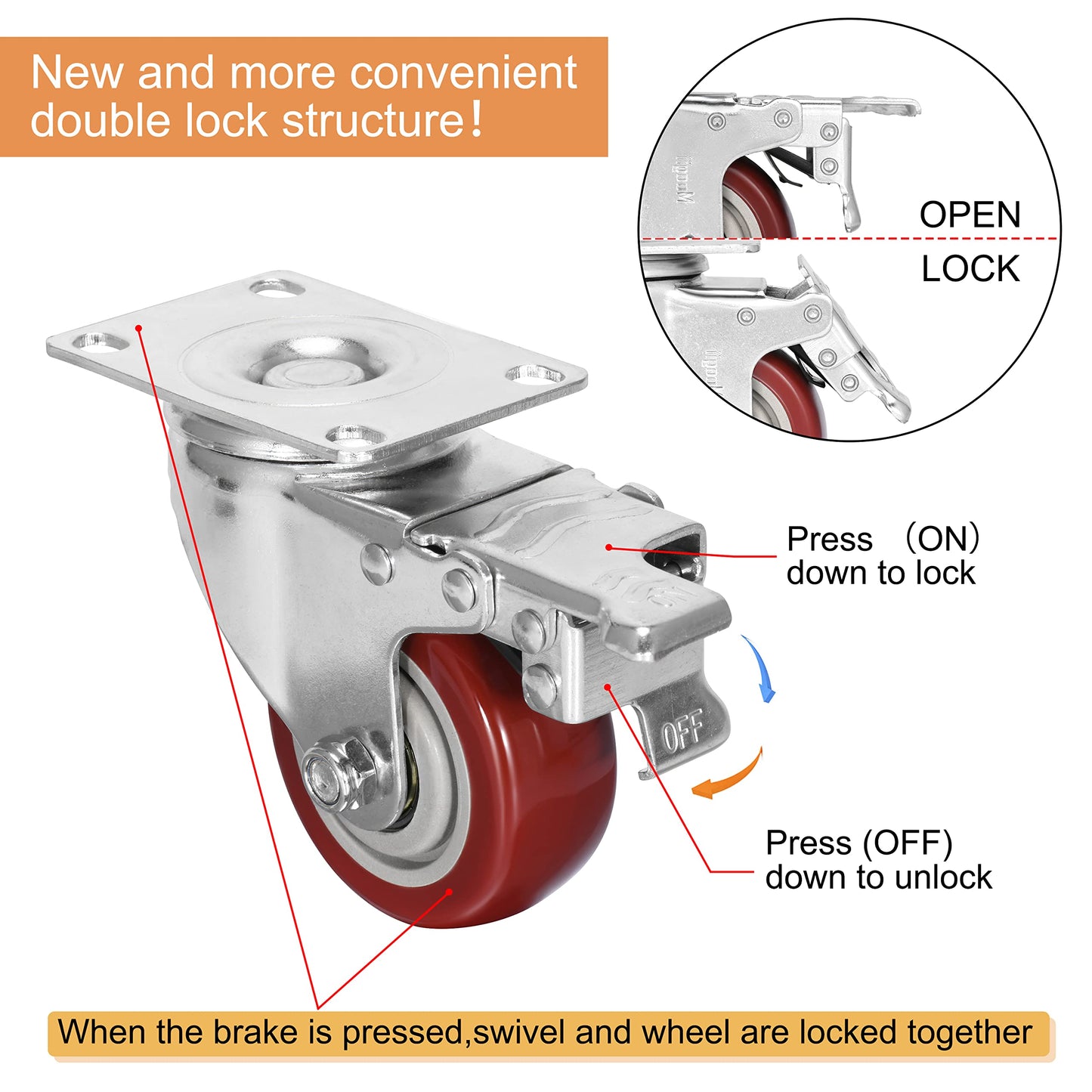 3 inch Heavy Duty Casters Load 1500lbs,Lockable Bearing Caster Wheels with Brakes,Swivel Casters for Furniture and Workbench,Set of 4 (Free Screws)