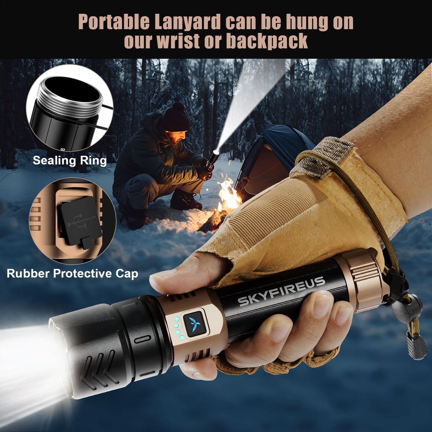 Skyfire Rechargeable Flashlight High Lumens Led Flashlight With 8000Mah Zoomable Four Modes Waterproof Bright Flash Light For Camping Essentials Outdoor Home-No Lens