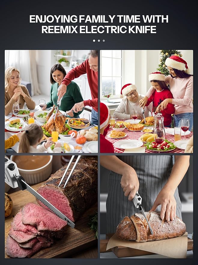Reemix Electric Knife, Z3042 Electric Knife Set for Carving Meats, Poultry, Bread, Crafting Foam & More, 2 Blades for Meats & Bread, Fork Included (White)