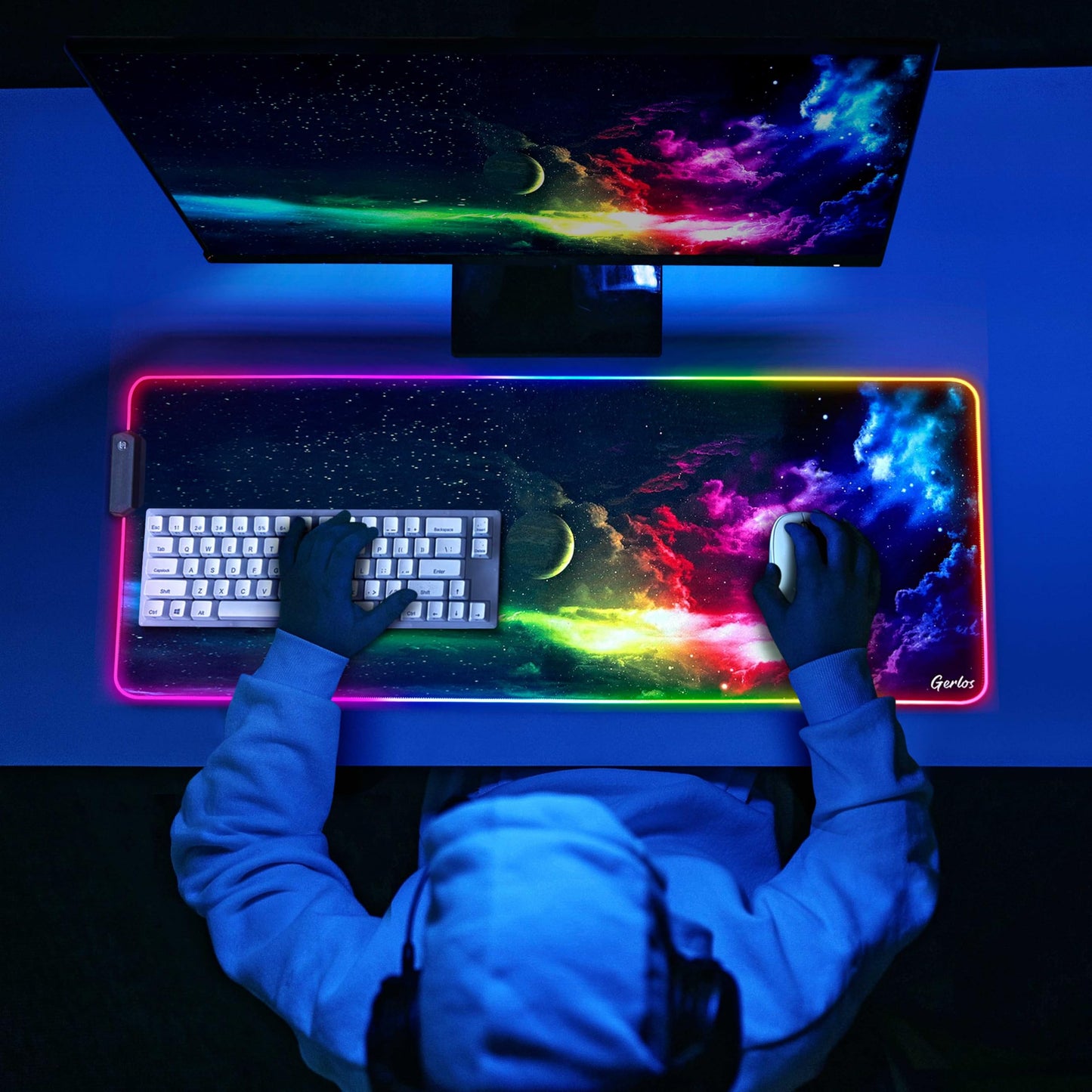 Gerlos RGB Large Gaming Mouse Pad, Extended Soft LED Mouse Pad, Non-Slip Rubber Base, Water Resist Keyboard Pad, Computer Mousepad 31.5×11.8 inches