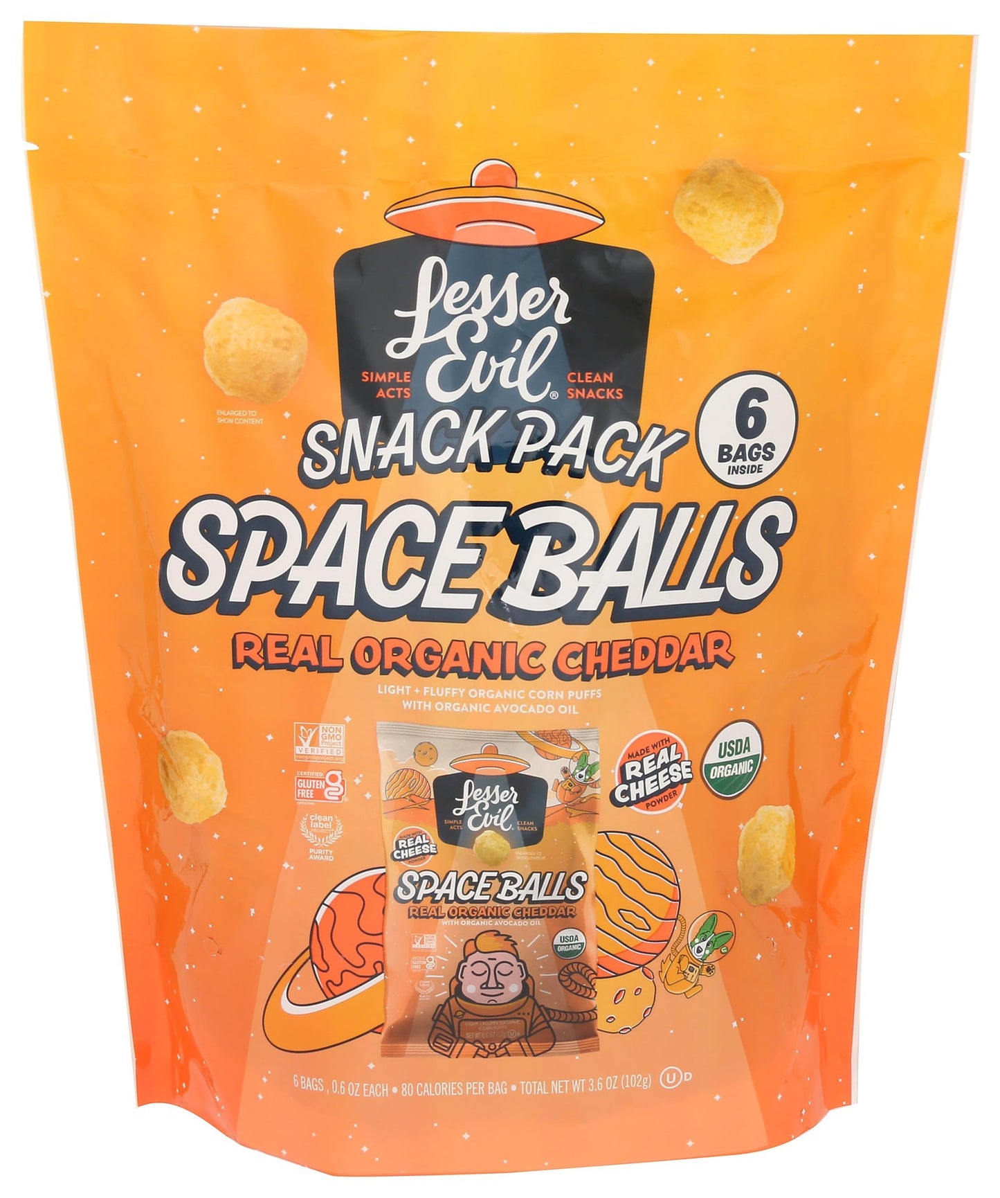 Lesserevil Organic Real Cheddar Space Ball Puffs Multipack 3.6 Oz