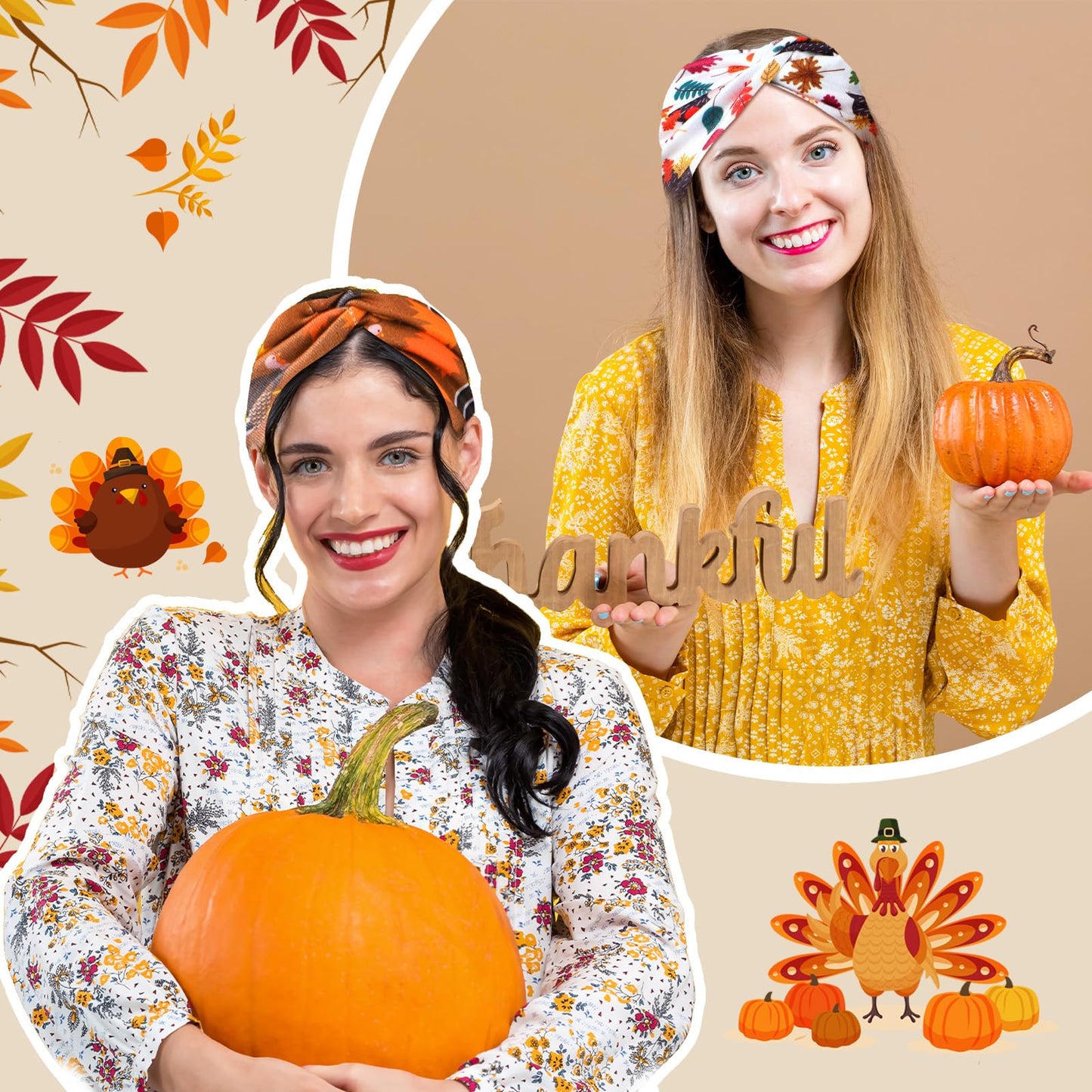Hoteam 20 Pcs Thanksgiving Headbands Bulk for Women Pumpkin Fall Headbands Accessories Thanksgiving Hairband Elastic Non Slip Ha