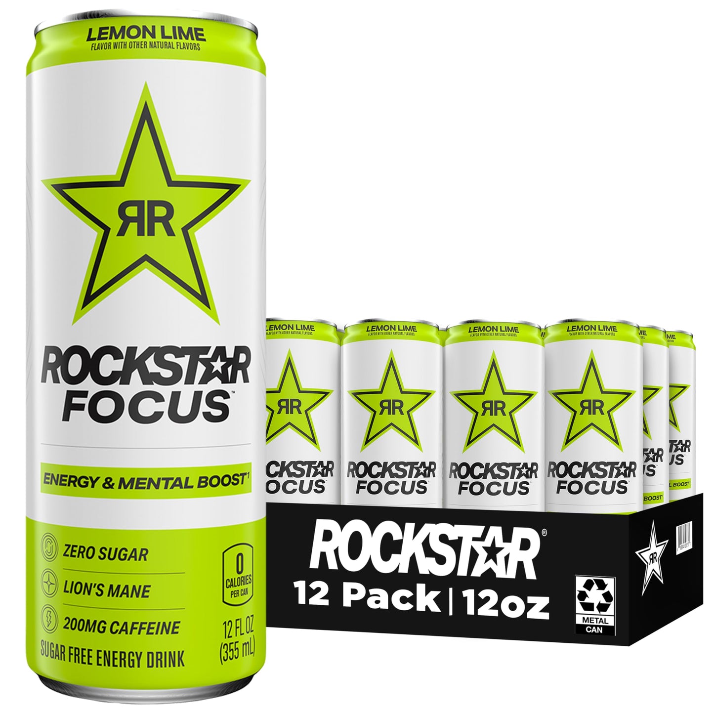 Rockstar Focus Lemon Lime 12 Fl Oz Cans (Pack of 12)